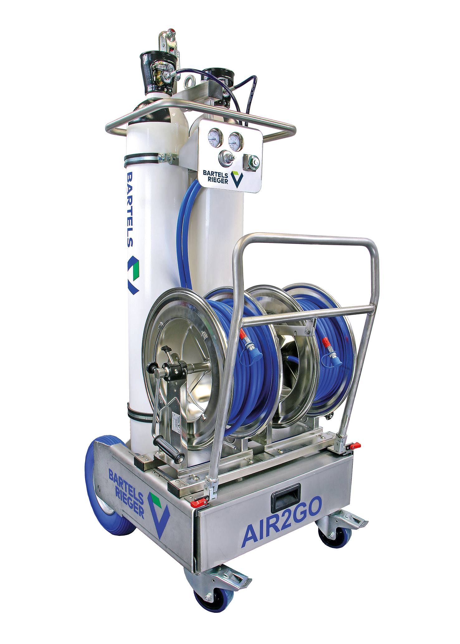Flaschenwagen Air2go bestückt mit 2 Schlauchaufrollern und Atemluftflaschen (nicht im Lieferumfang enthalten)