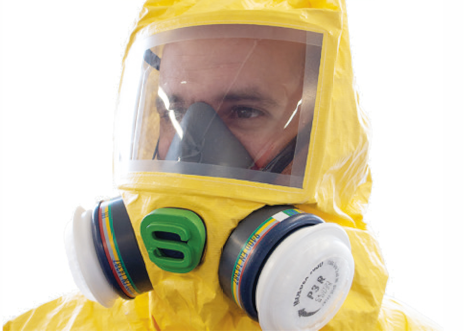 Vollschutzanzug SUBITUS®, Detailansicht Kopfteil mit eingebauter Halbmaske mit Filtern