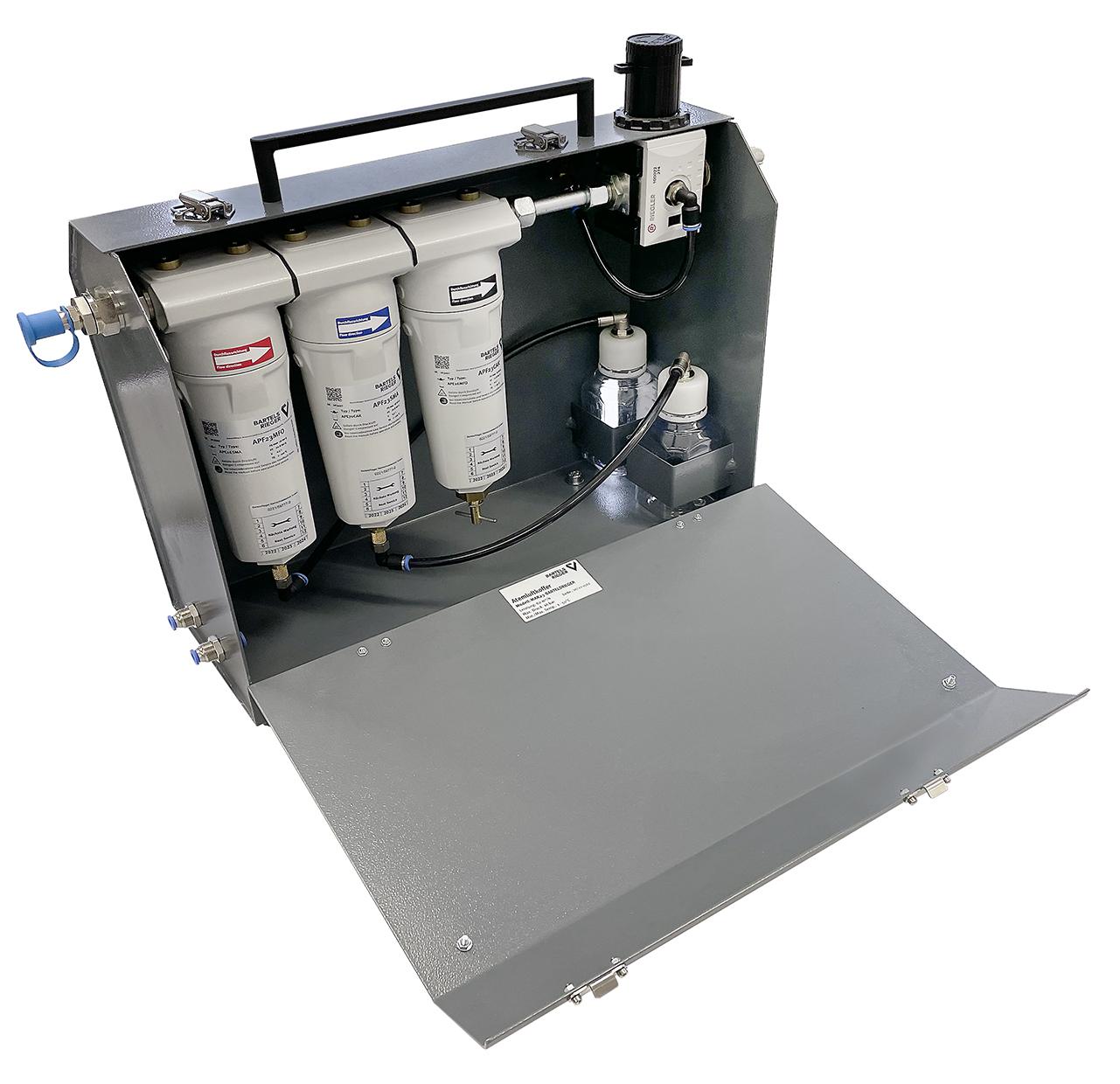 Druckluftfilter MFK in geöffnetem Koffer aus Edelstahl