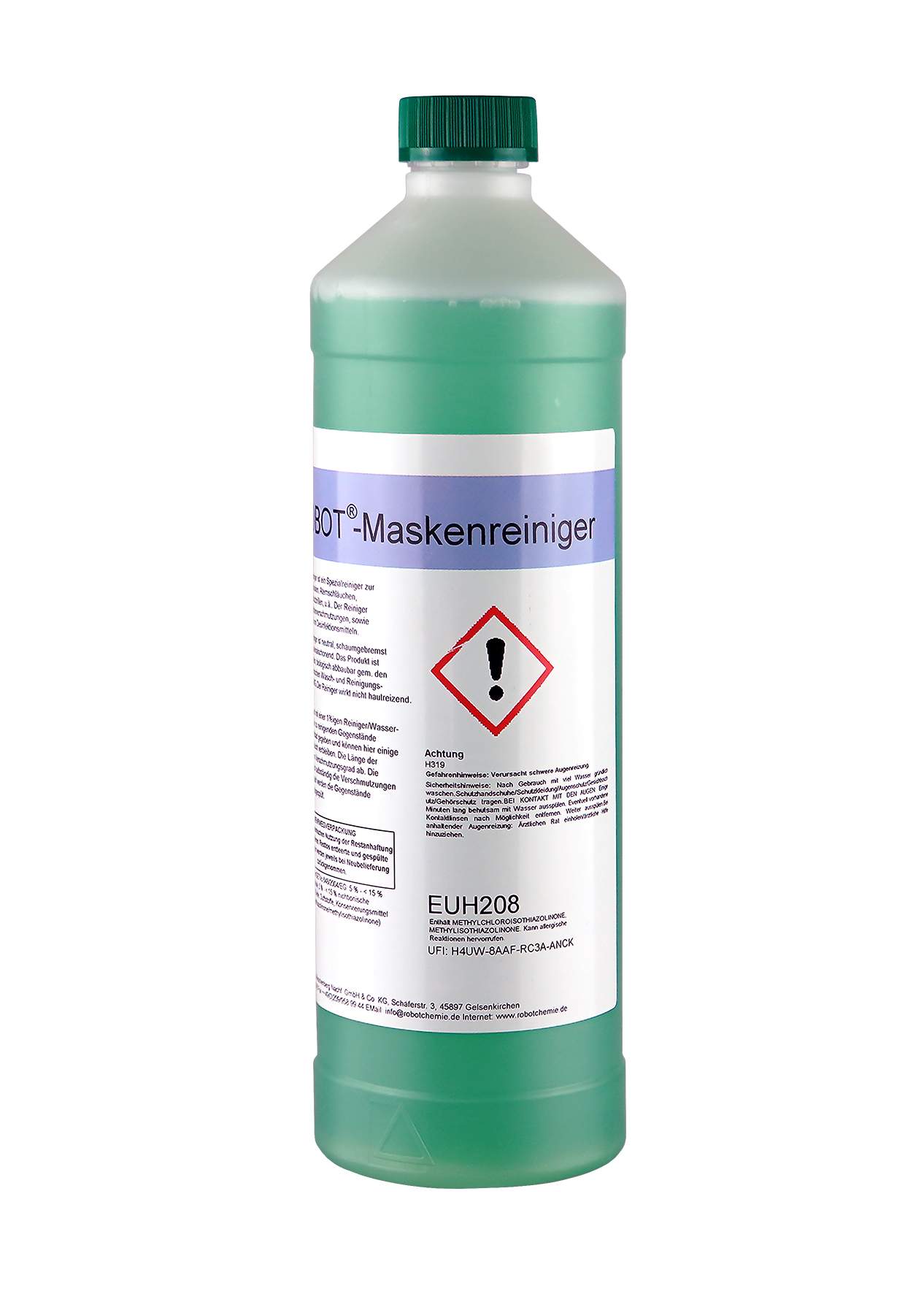 Flasche mit Spezialreiniger für Atemschutzmasken, Abbildung von hinten