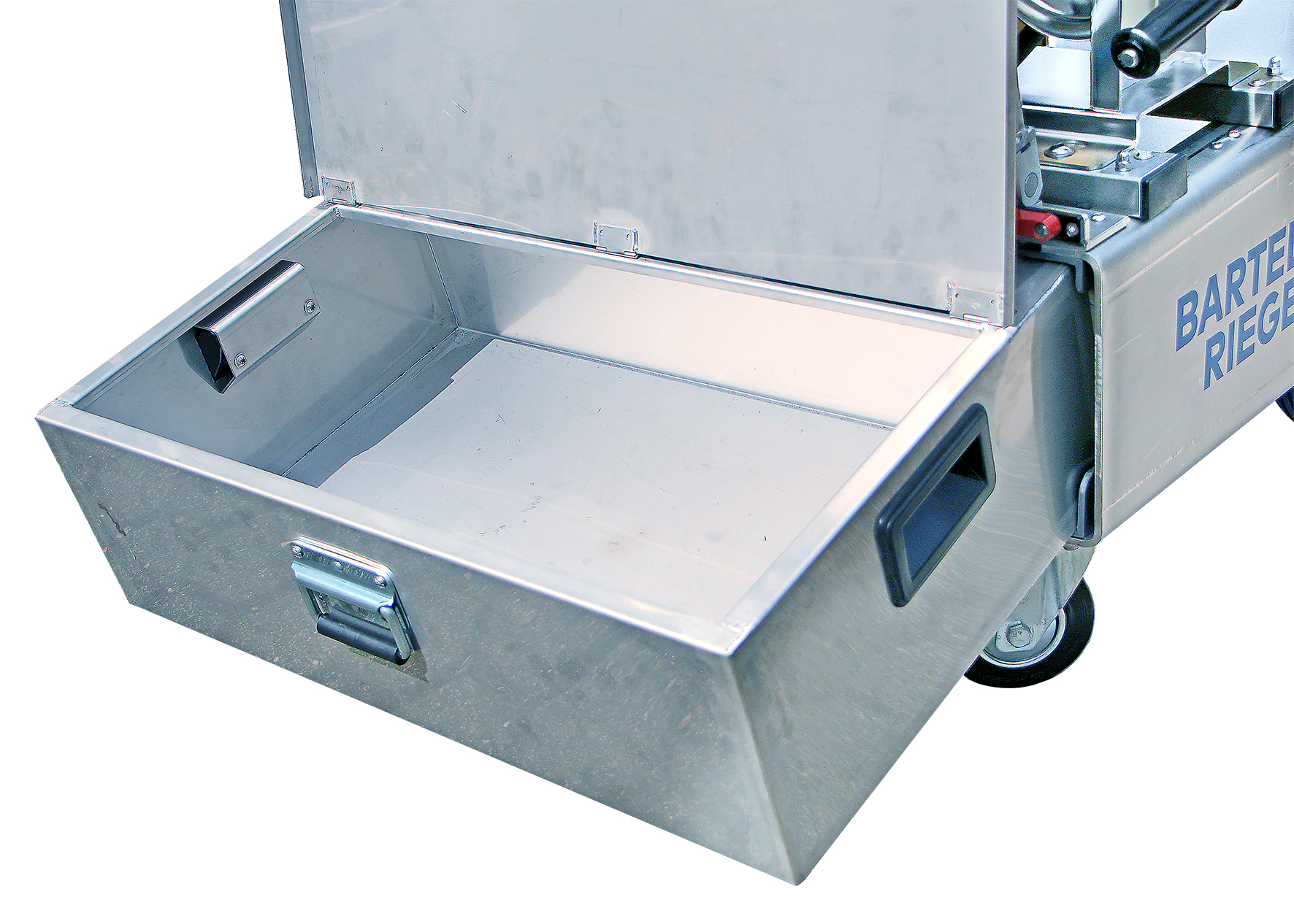 Flaschenwagen Air2go, Detailaufnahme Fahrgestell und Box aus Edelstahl