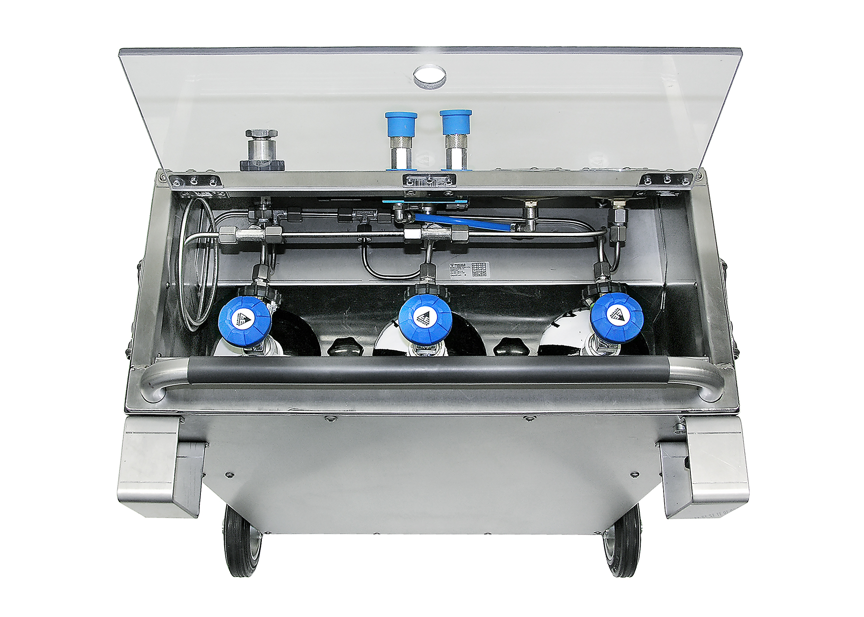 Mobiler Atemluft-Container, Abbildung geöffnet mit Blick auf drei Atemluftflaschen (nicht im Lieferumfang enthalten)